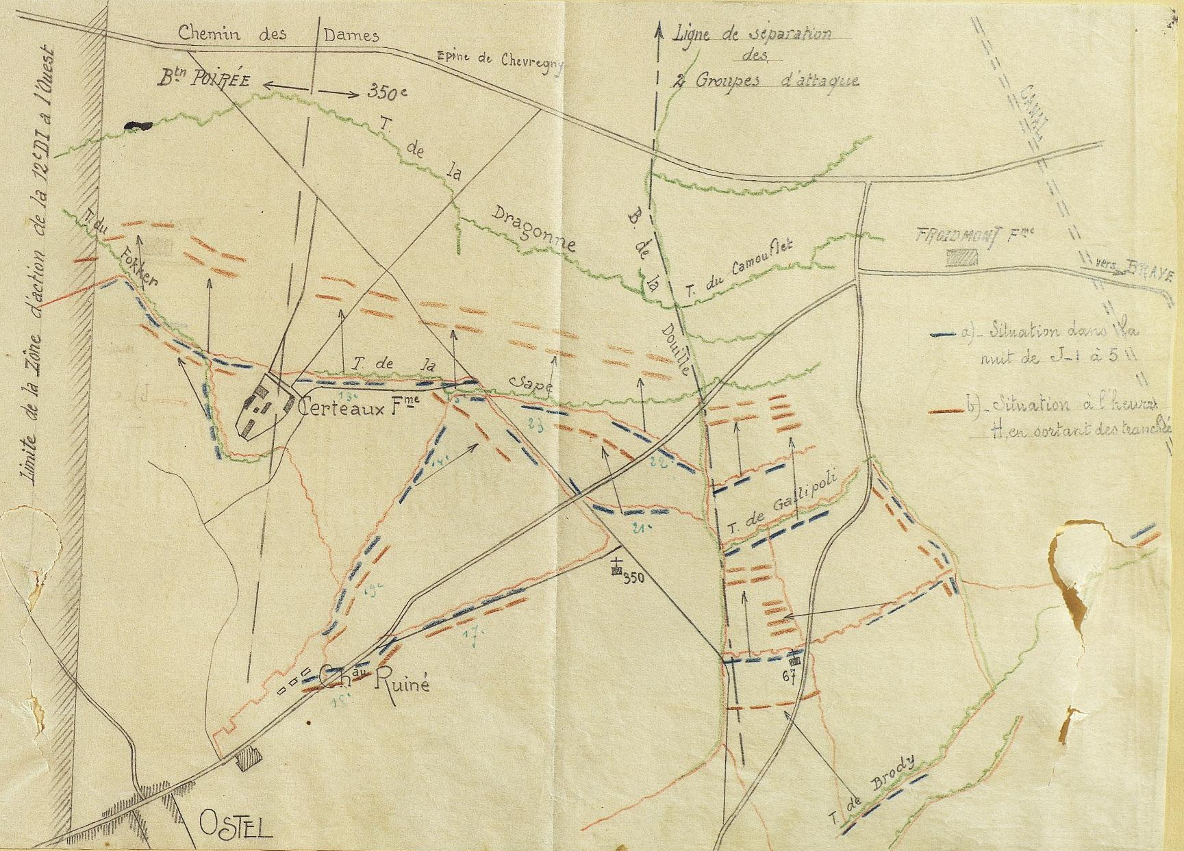 Plan d'attaque du 350e RI le 5 mai 1917 entre la Royère et Froidmont