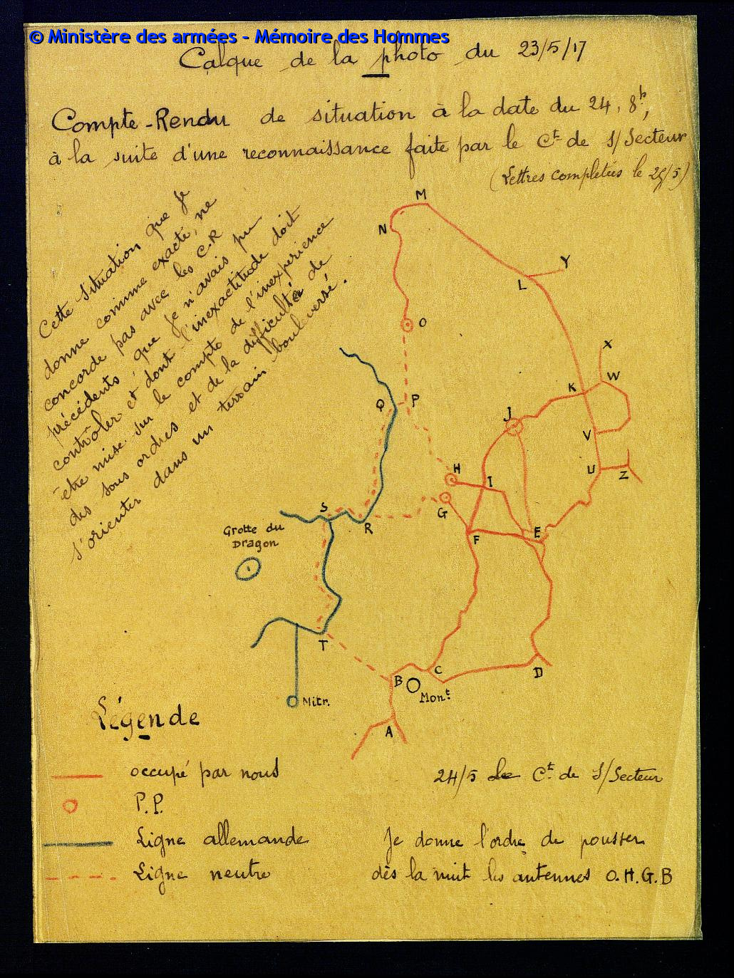Position du 75e RI le 24 mai 1917 au matin dans le secteur Hurtebise
