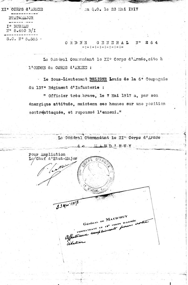 Louis DELIGNE, citation 2°-1917