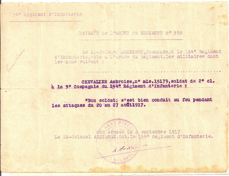 Citation croix de guerre - CHEVALIER Ambroise