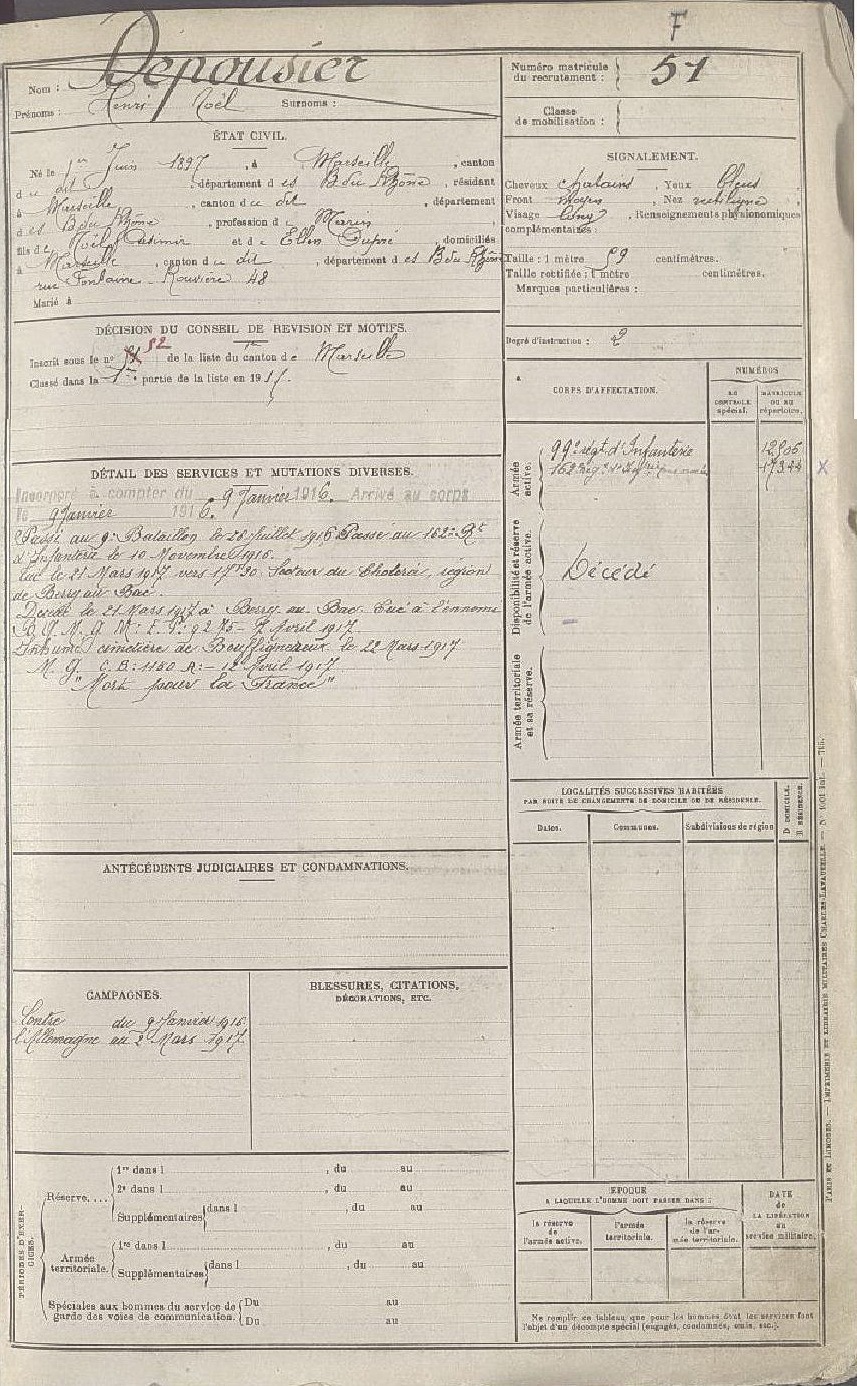 Fiche matricule de recrutement - DEPOUSIER Henri