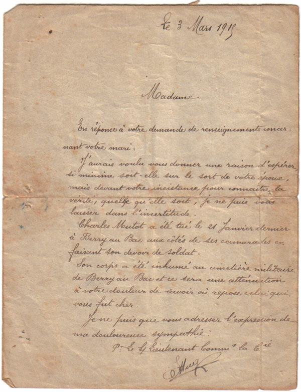 Lettre d'un lieutenant à l'épouse de Benjamin MUTOT