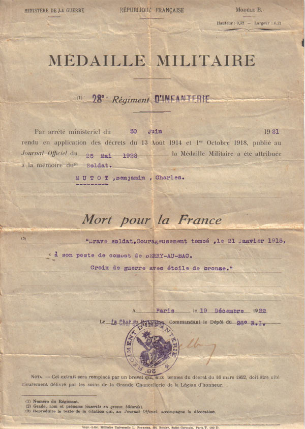 Diplome de médaille militaire, Benjamin MUTOT