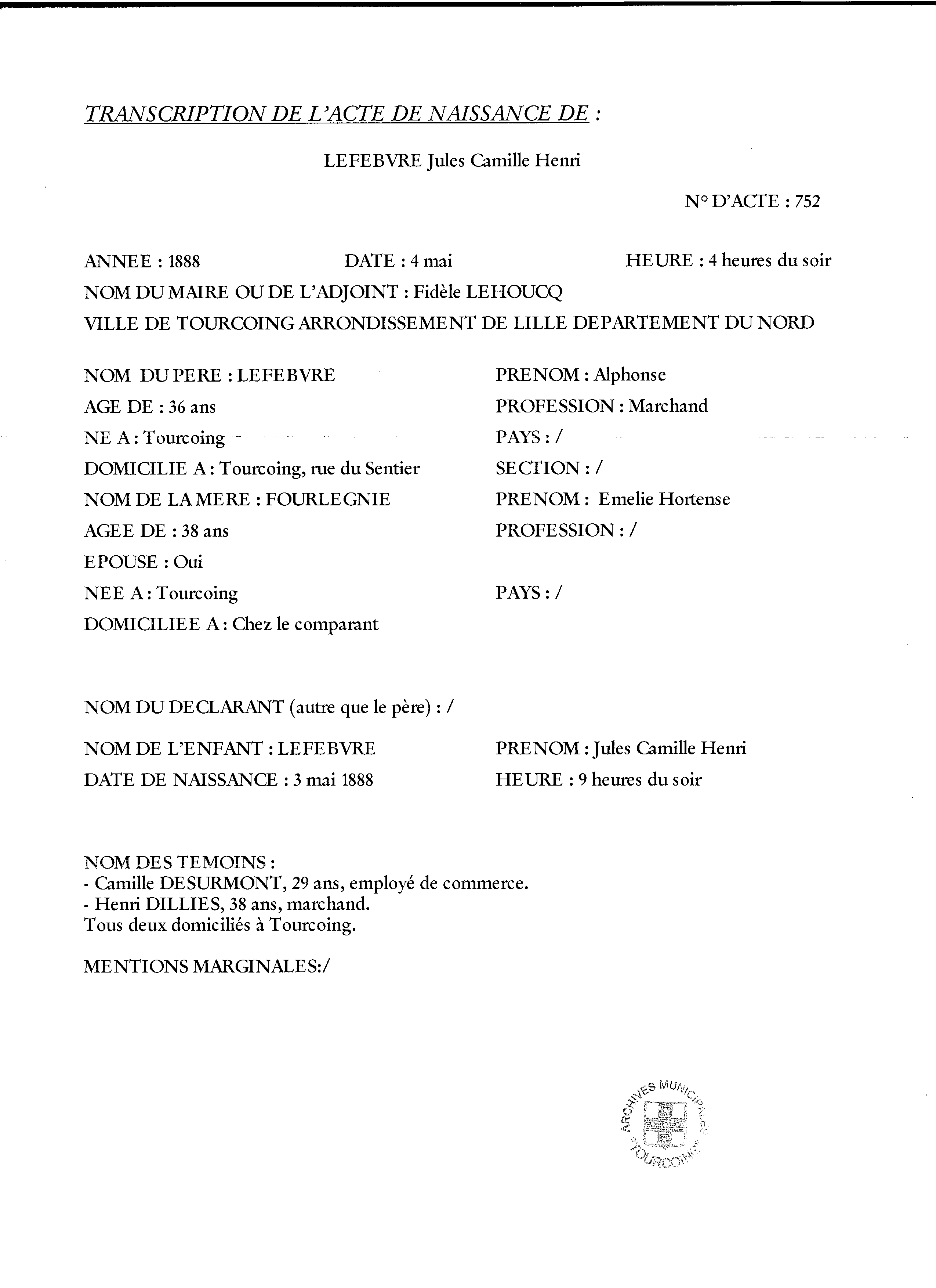 Acte de naissance, Jules Lefebvre