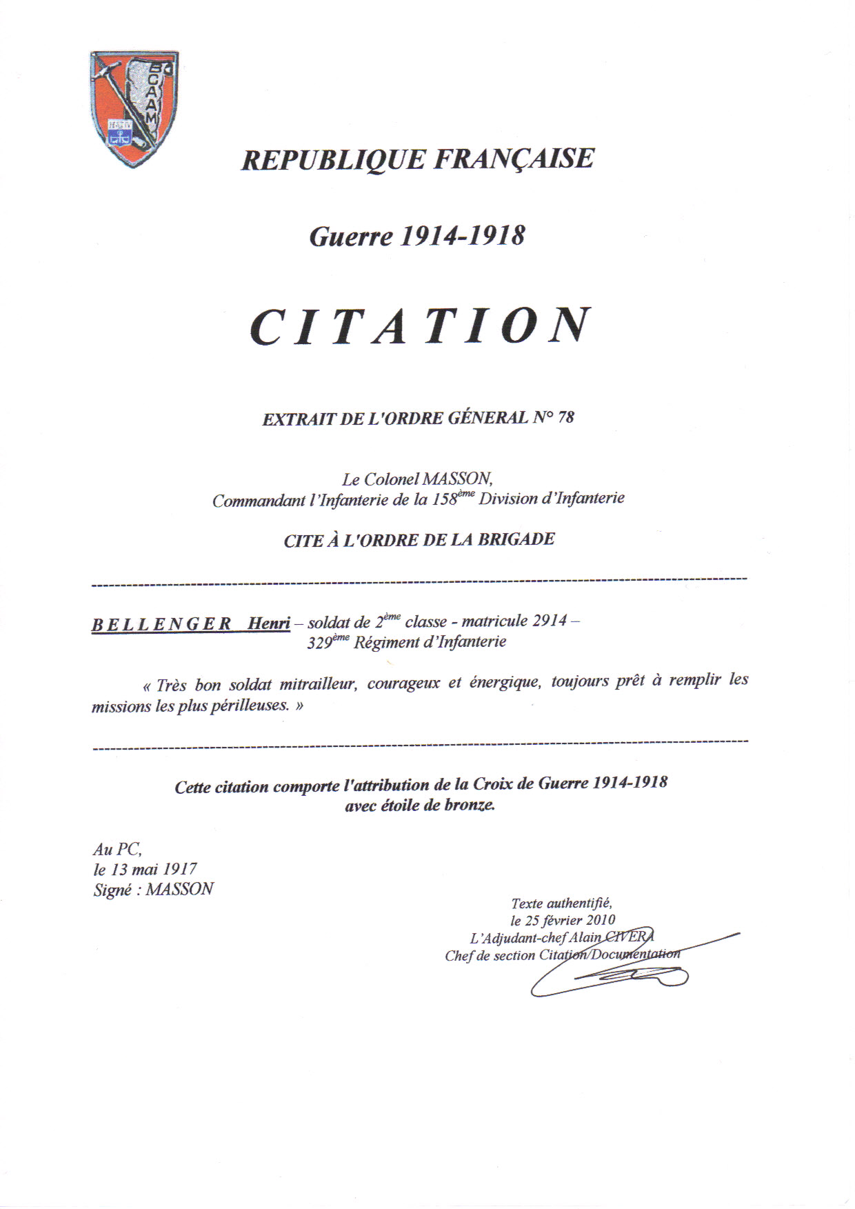 Citation - BELLENGER Henri