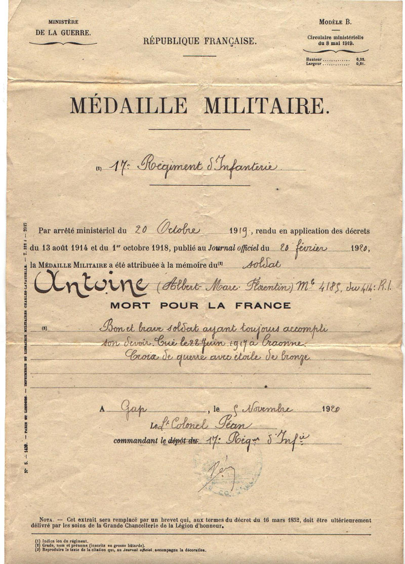 Albert ANTOINE, Diplome Médaille militaire
