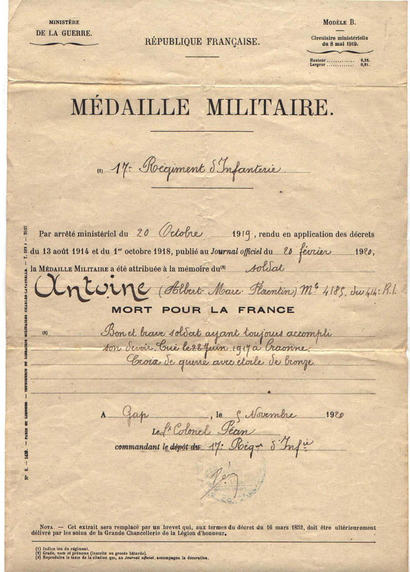 Albert ANTOINE, Diplome Médaille militaire