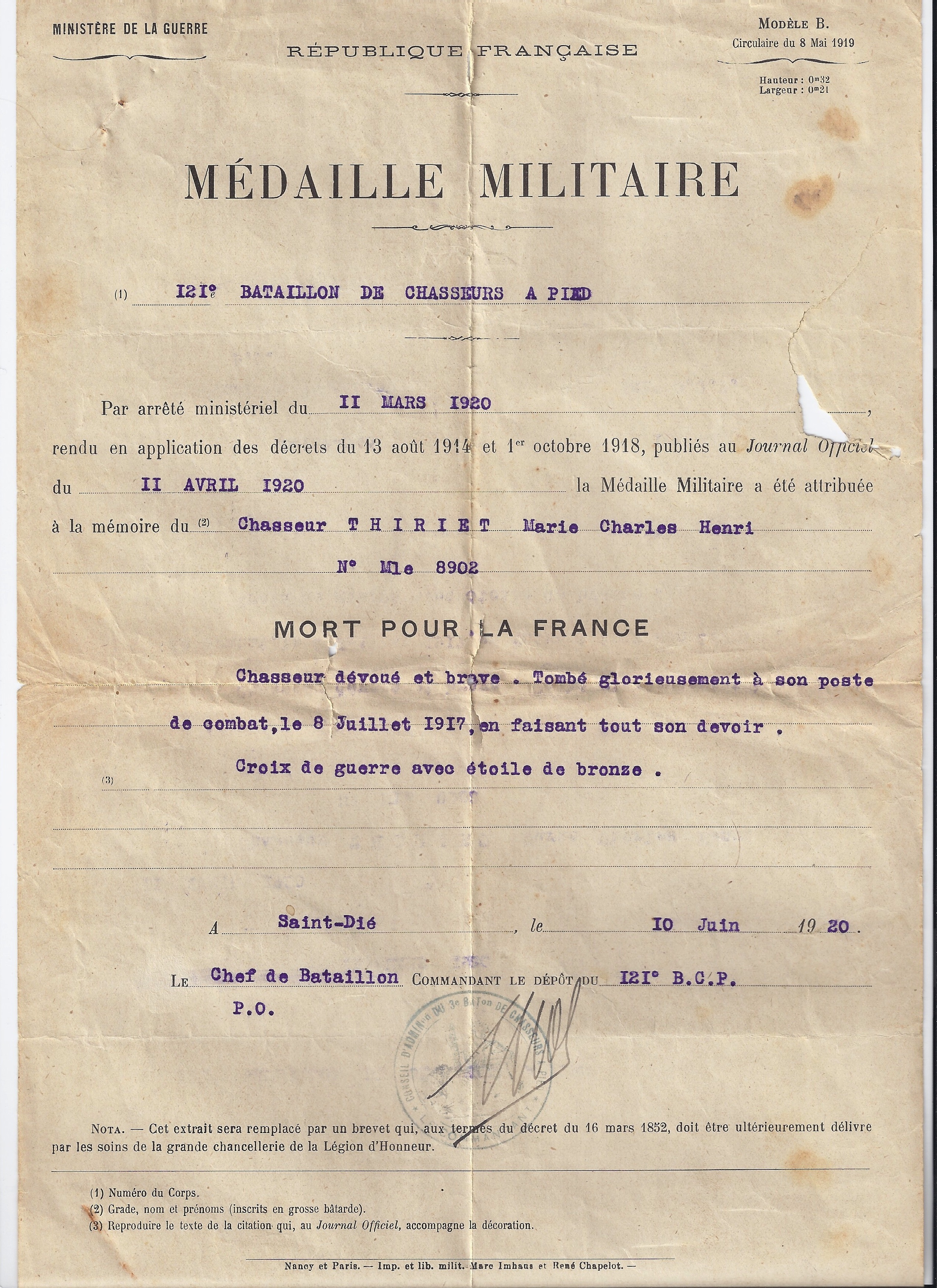 Médaille militaire  Charles THIRIET