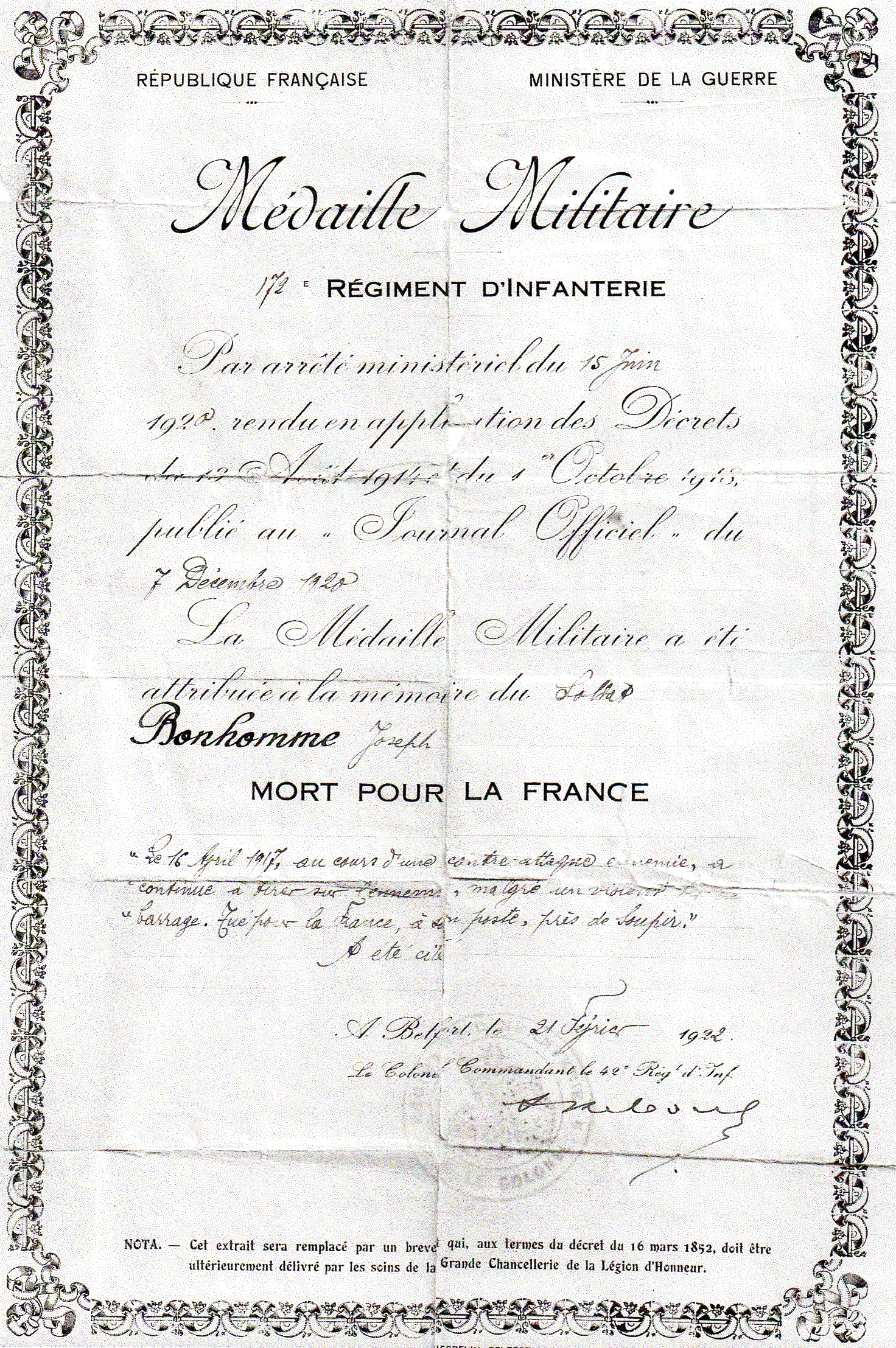 Médaille militaire - Joseph BONHOMME