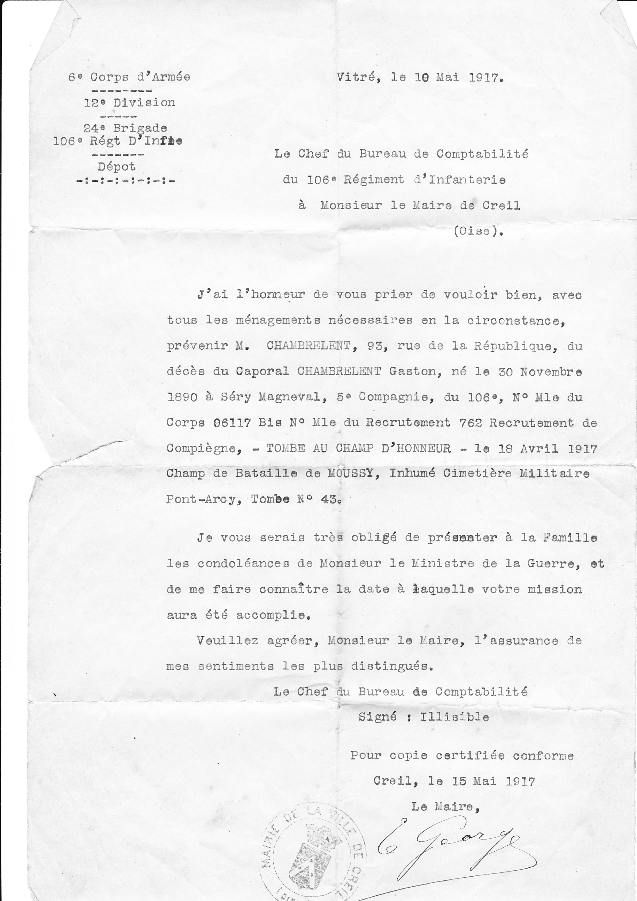 Inhumation provisoire CHAMBRELENT Gaston