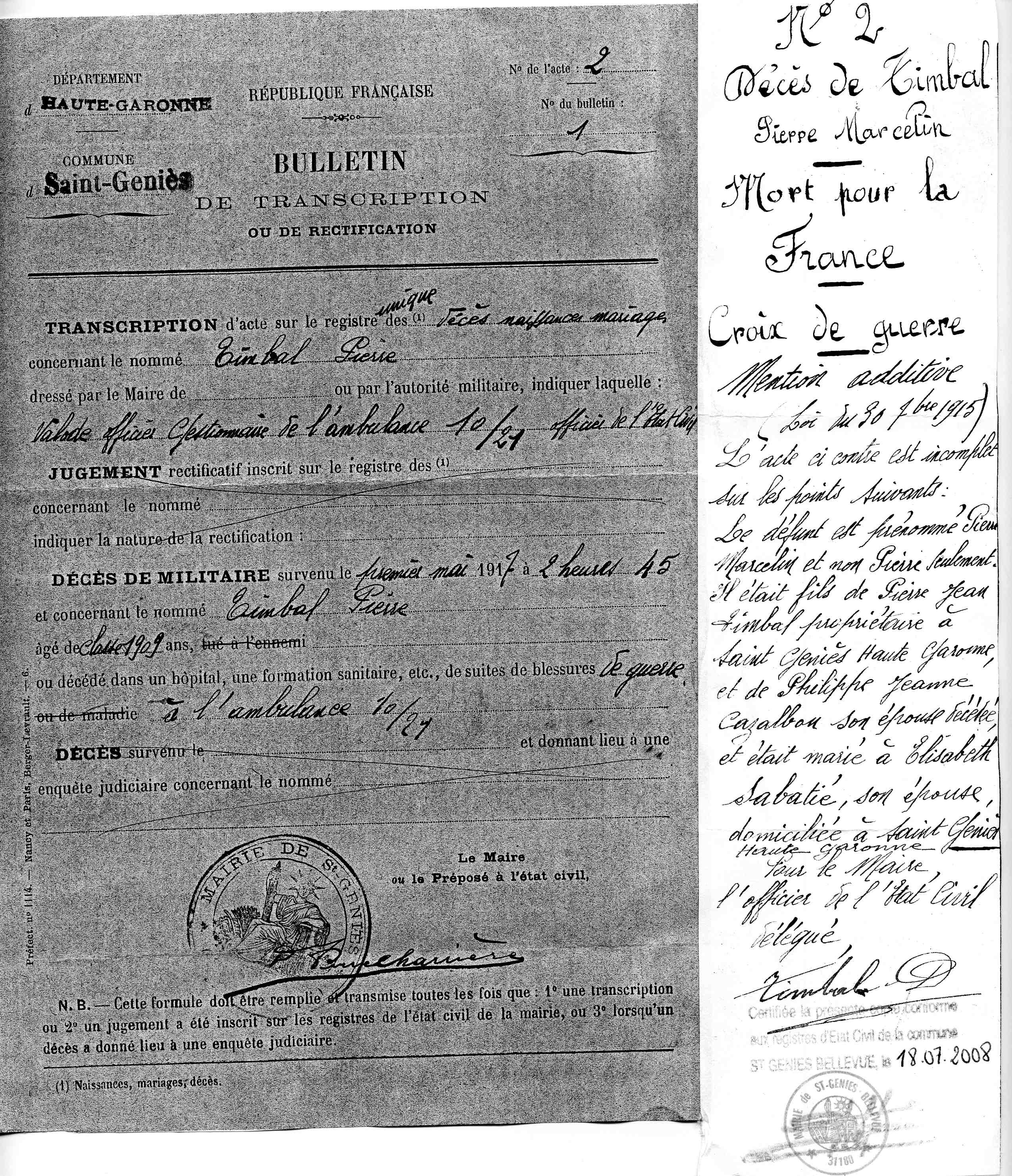 TIMBAL Pierre - acte de décès