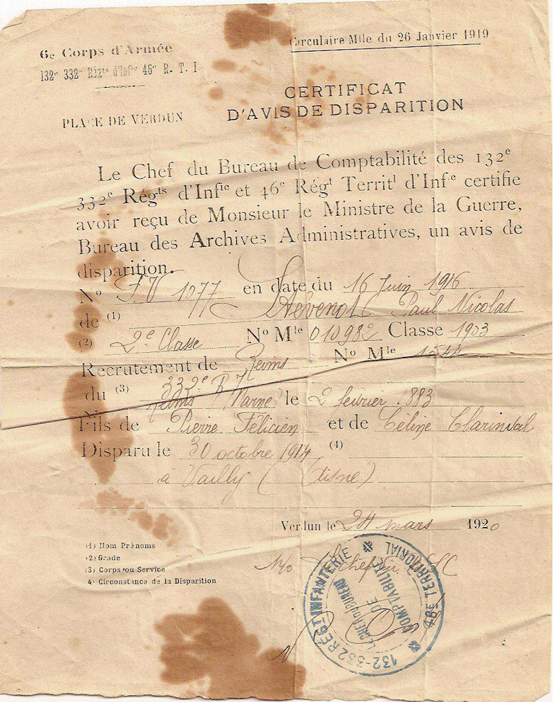 Avis de dispartion - STEVENOT Paul