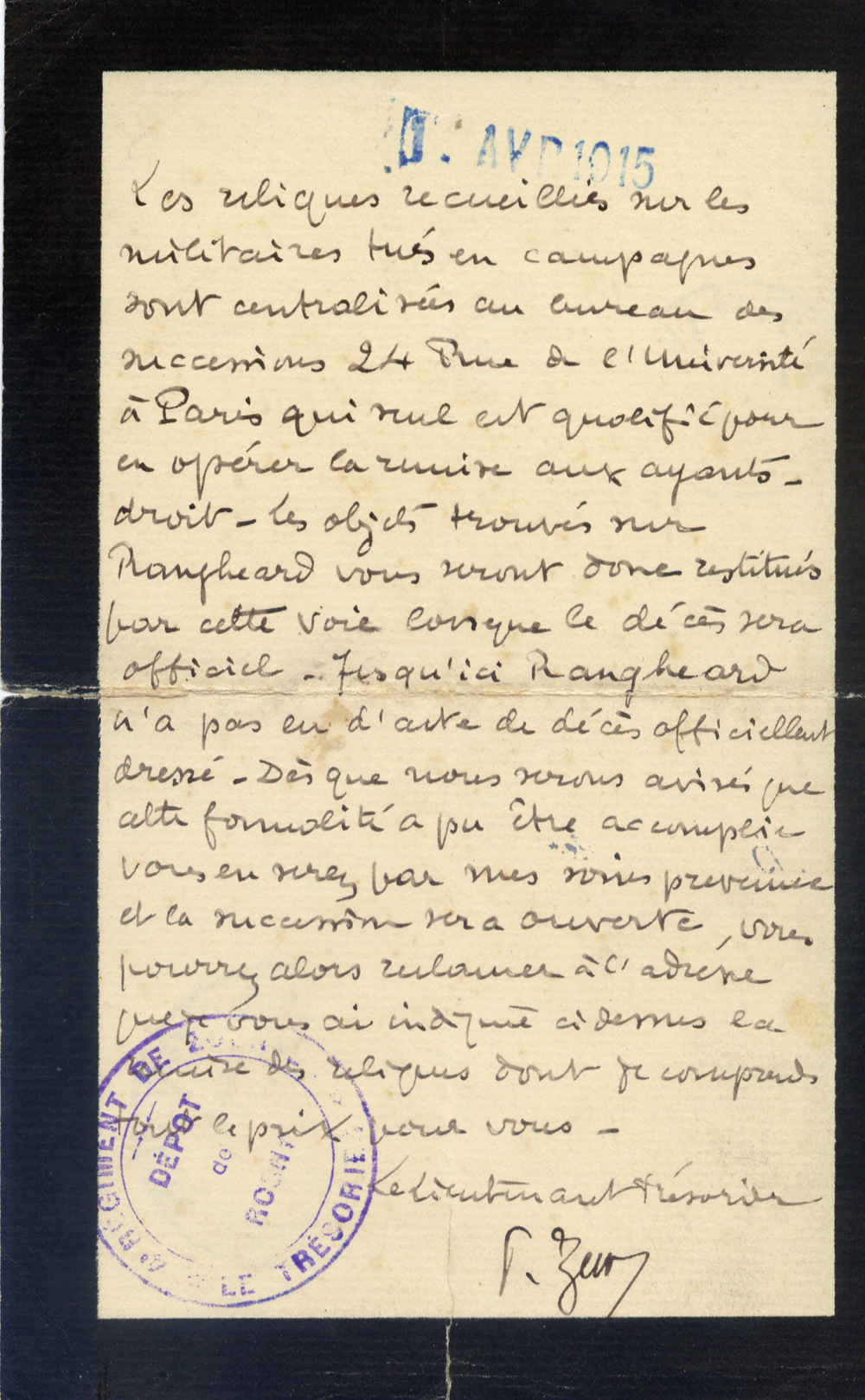 Lettre de l'armée à  la veuve RANGHEARD