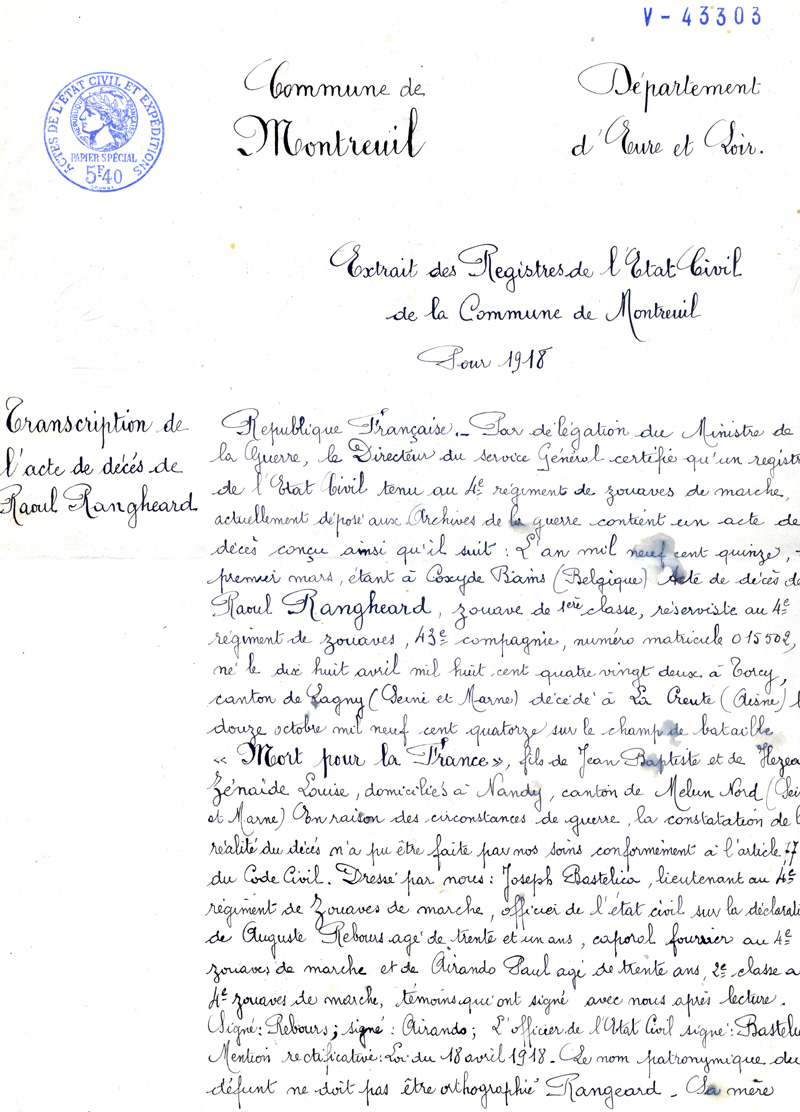 Acte de décés de R. RANGHEARD (1/2)