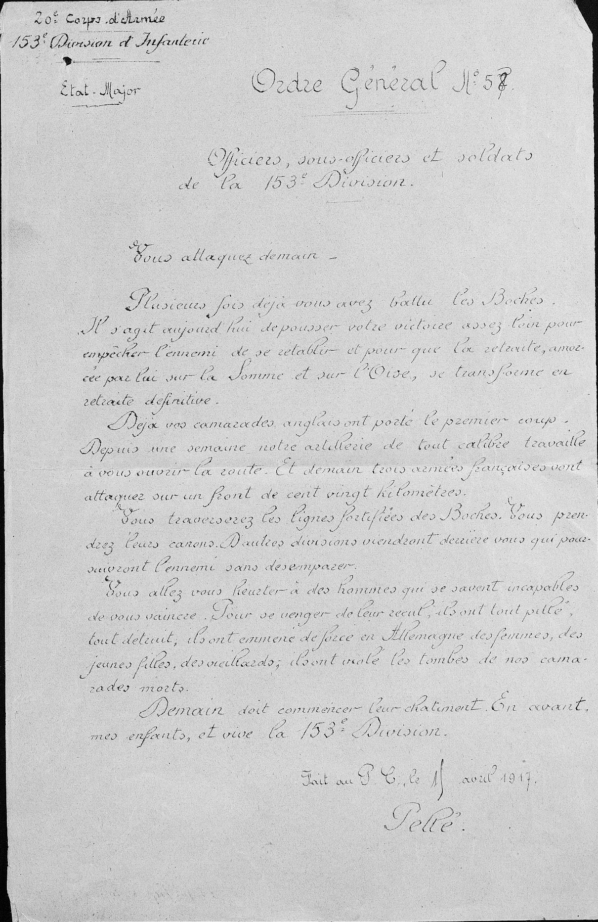 Ordre Général N°58 du 15/04/1917