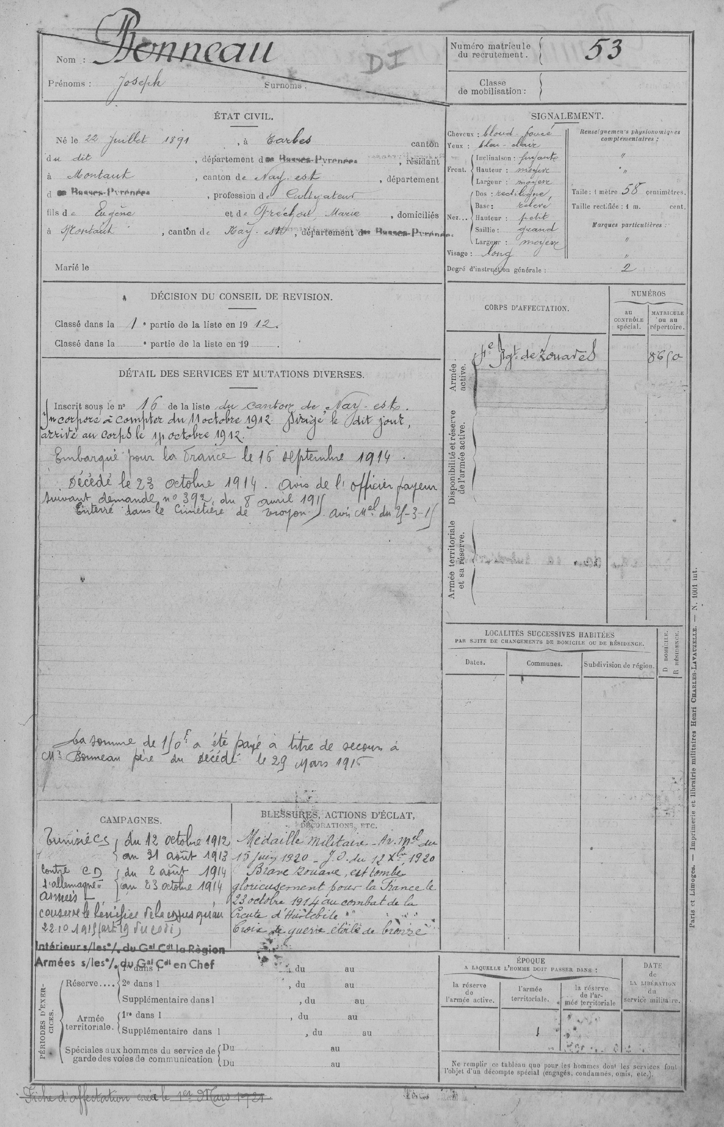 Fiche matricule de Joseph BONNEAU ©AD64