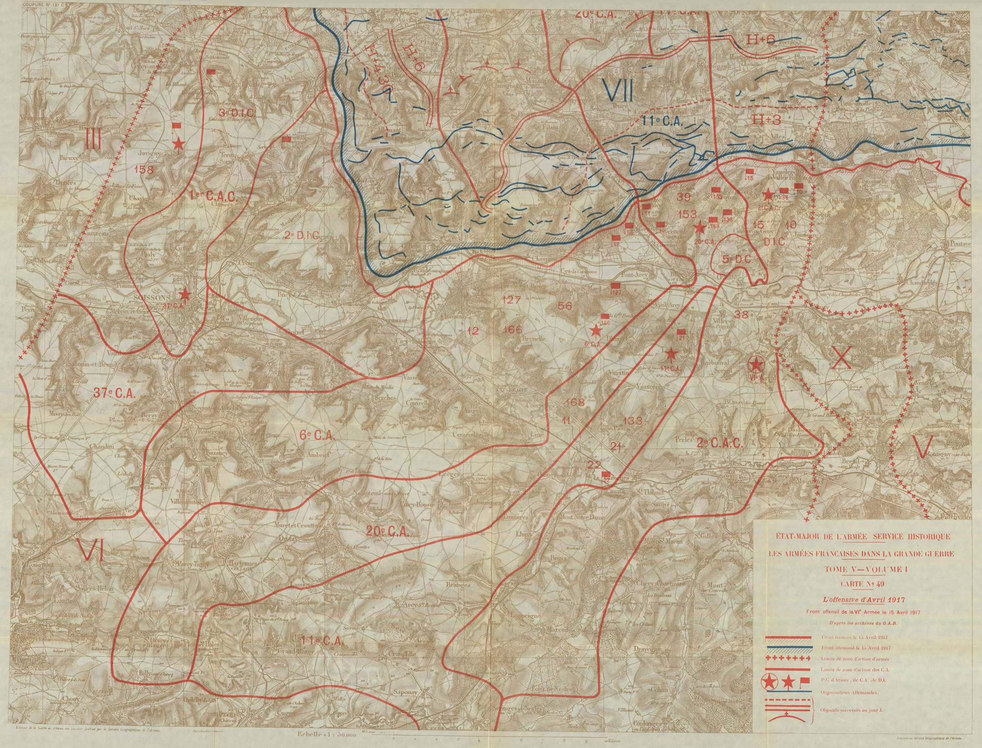 Carte du front offensif de la VIe armée, à la date du 15 avril 1917 