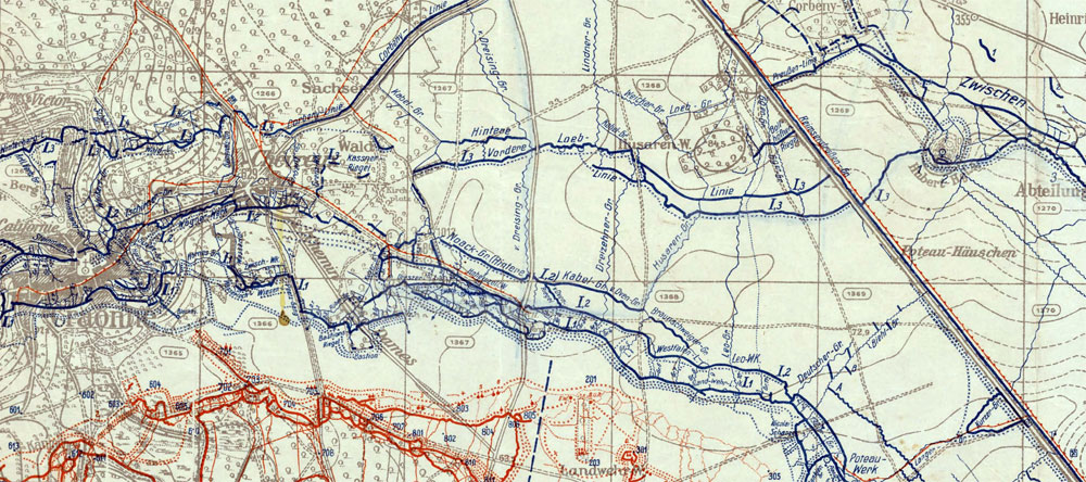 Carte allemande du secteur de Craonne-Chevreux en mars 1917, où le 208e RI est anéanti