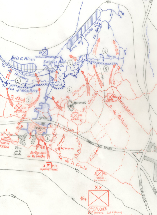 Carte de la bataille du 25 juin 1917, pour la reprise de la Caverne du Dragon