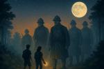 Randonnée nocturne au Chemin des Dames : silhouettes de soldats de la Première Guerre mondiale dans une forêt sous la lune, avec marcheurs équipés de lampe
