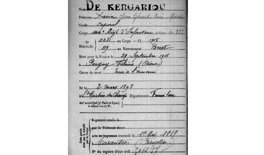 Certificat de décès de Xavier de Kergariou