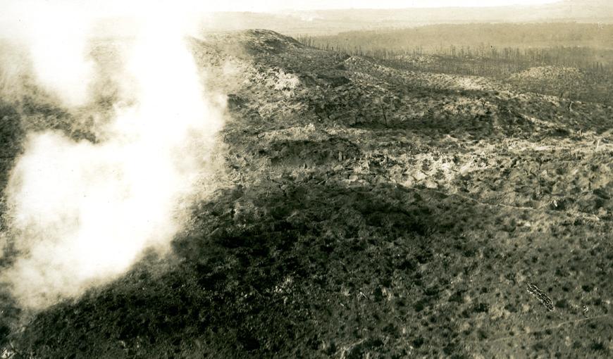 Trous d'obus et forêt dévastée de Craonne, 1917