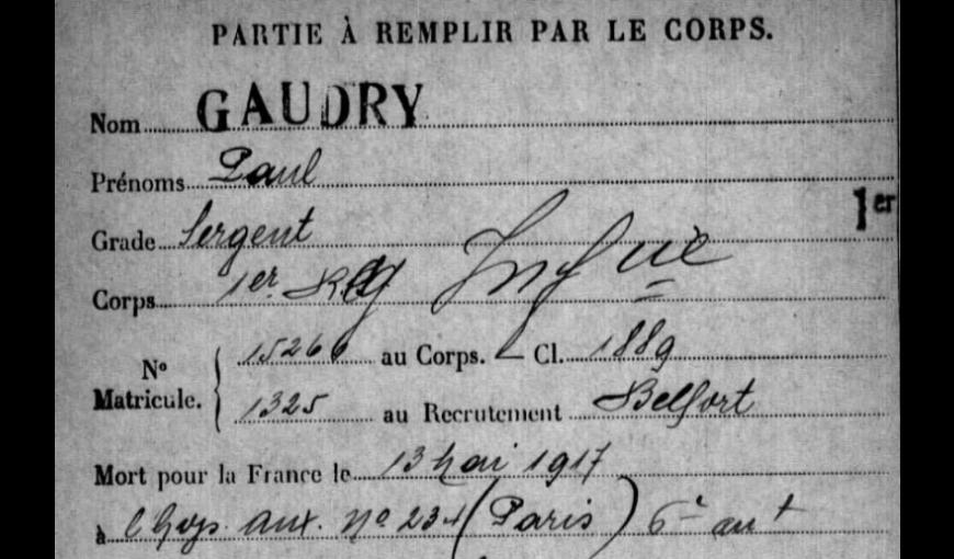 Fiche "Morts pour la France de la Première Guerre mondiale" de Paul GAUDRY
