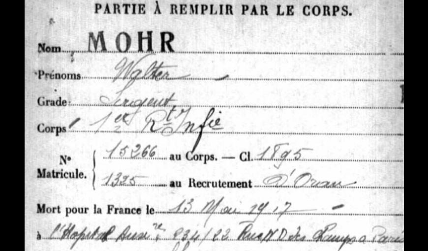 Fiche "Morts pour la France de la Première Guerre mondiale" de Walter MOHR