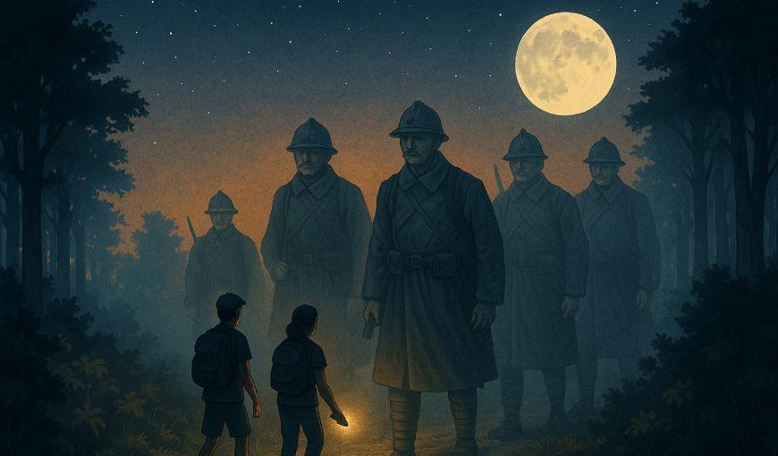 Randonnée nocturne au Chemin des Dames : silhouettes de soldats de la Première Guerre mondiale dans une forêt sous la lune, avec marcheurs équipés de lampe