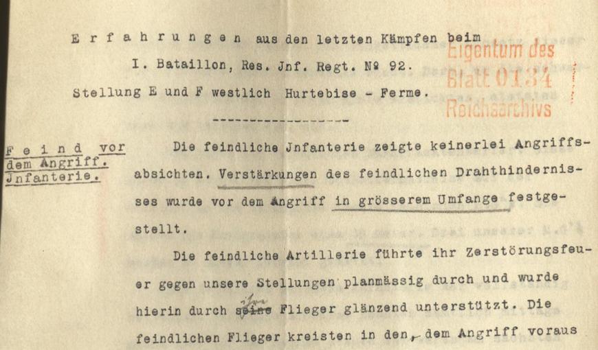 Rapport d’un officier du RIR92 en poste près de la ferme d’Hurtebise, Caverne du Dragon, le 16 avril 1917. 