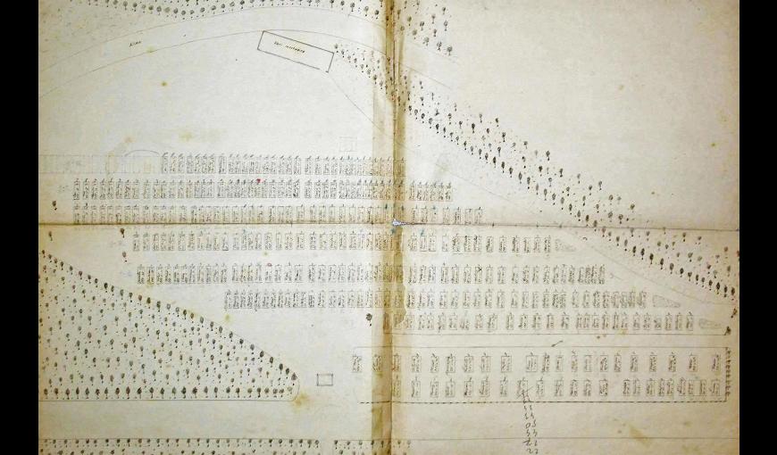 Fouilles archéologiques du cimetière militaire provisoire français du parc du château de Soupir (Aisne).Photographie du plan du cimetière.  