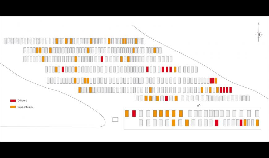 Fouilles archéologiques du cimetière militaire provisoire français du parc du château de Soupir (Aisne). Plan de répartition des grades.