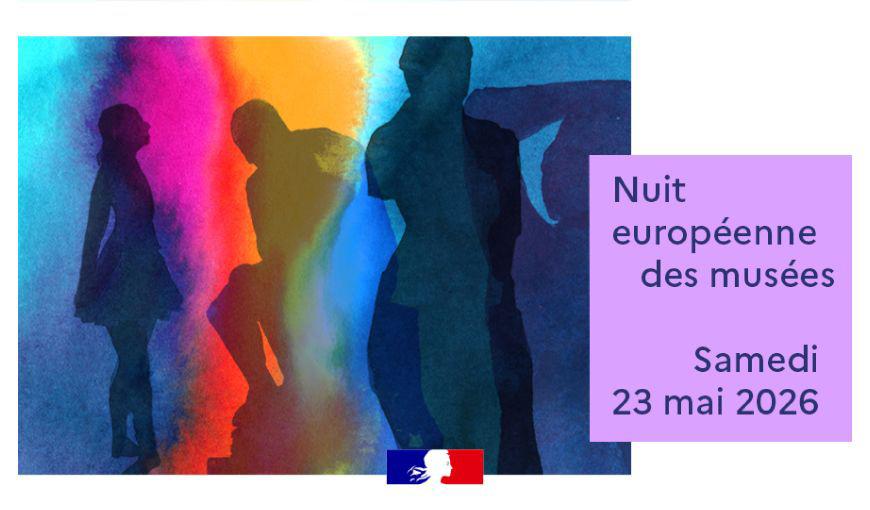 Visuel de la Nuit européenne des musées avec des silhouettes colorées sur fond abstrait et le texte « Nuit européenne des musées – Samedi 23 mai 2026 ».