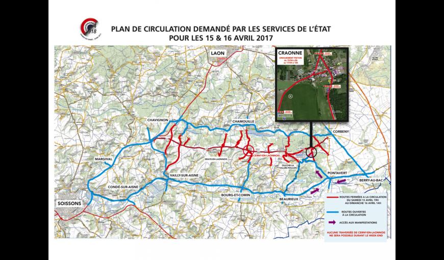 Plan de circulation des commémorations sur le Chemin des Dames (Aisne), les 15 et 16 avril 2017