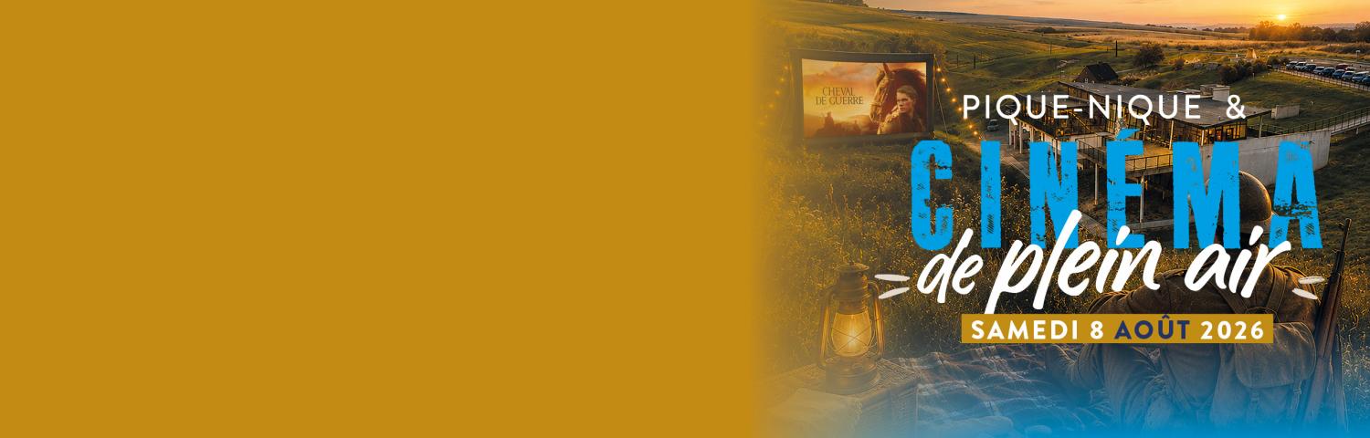 Affiche du cinéma de plein air à la Caverne du Dragon : pique-nique et projection en extérieur le samedi 8 août 2026 au coucher du soleil.