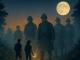 Randonnée nocturne au Chemin des Dames : silhouettes de soldats de la Première Guerre mondiale dans une forêt sous la lune, avec marcheurs équipés de lampe