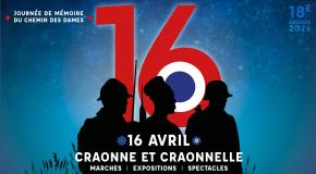 Affiche de la Journée de mémoire du Chemin des Dames 2026, avec silhouettes de soldats, grand chiffre 16 et informations sur les marches, expositions et spectacles à Craonne et Craonnelle.