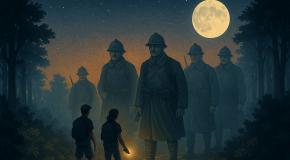 Randonnée nocturne au Chemin des Dames : silhouettes de soldats de la Première Guerre mondiale dans une forêt sous la lune, avec marcheurs équipés de lampe