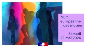 Visuel de la Nuit européenne des musées avec des silhouettes colorées sur fond abstrait et le texte « Nuit européenne des musées – Samedi 23 mai 2026 ».